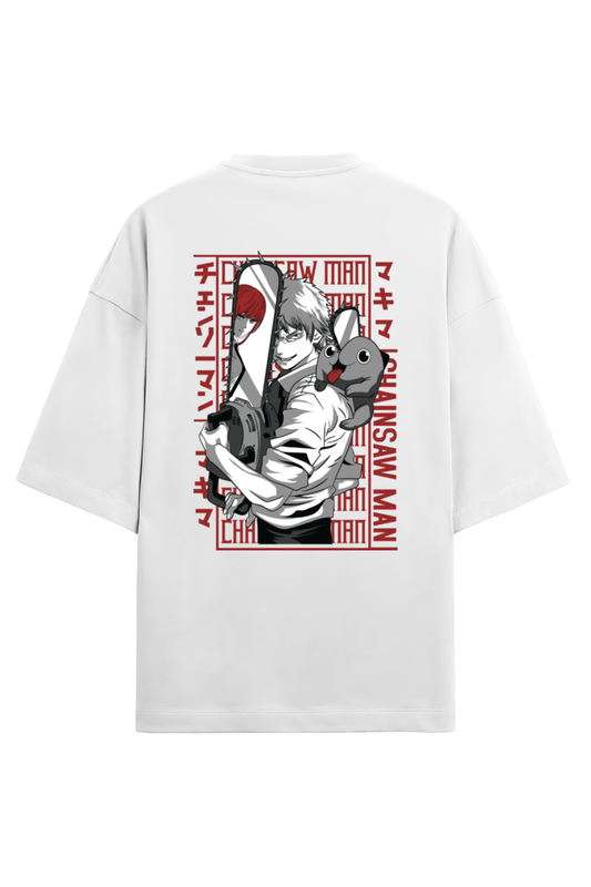 Denji & Pochita Duo- White Oversized Terry T-Shirts