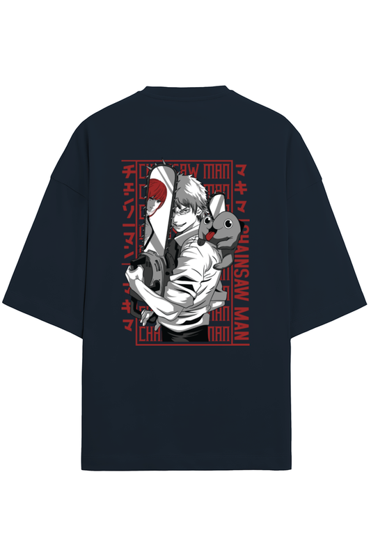 Denji & Pochita Duo- Navy Blue Oversized Terry T-Shirts